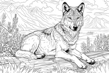 Fototapeta premium Coloring book illustration of a young Italian wolf in a wildlife center setting in the Maritime Alps