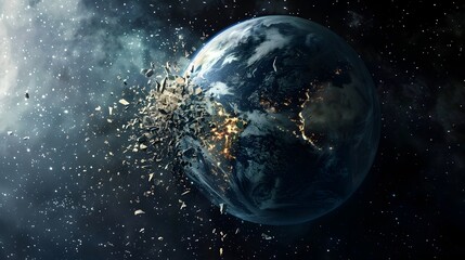 Obraz premium Disintegrating Planet Earth Breaking Apart in Cosmic Debris Field