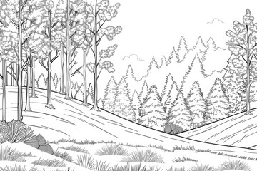 Obraz premium Coloring book illustration of a serene pine forest on a hillside in a natural setting