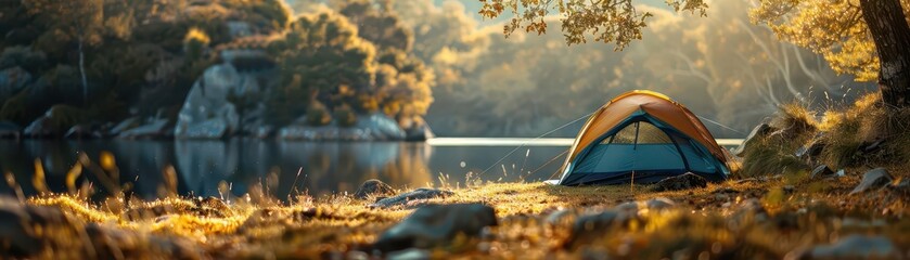 Outdoor camping with vibrant scenes, dynamic and inviting, Nature, Soft greens, Photograph, Outdoor adventure