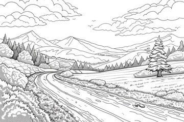 Coloring book illustration of a Scenic Route