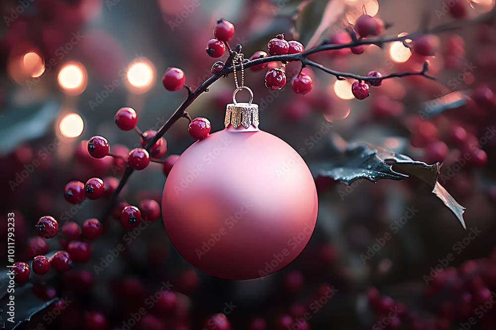 Poster Pink Christmas Ornament on Branch with Berries