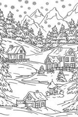 Naklejka premium Coloring book illustration of a serene winter landscape with snow covered trees and cozy cottages
