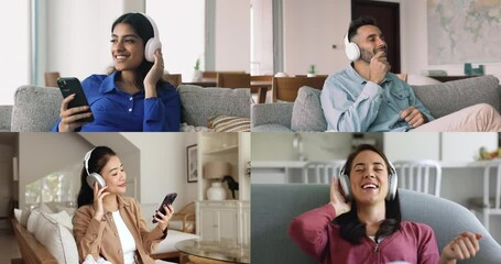 Different people enjoy favourite music at home, collage view. Four multiethnic male female relaxing seated on cozy sofa enjoy comfort while listening song. Modern tech, streaming services, fun, hobby - Powered by Adobe