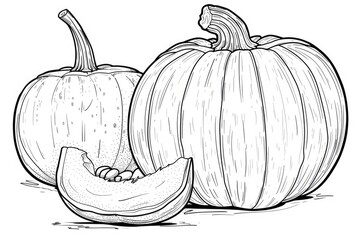 Coloring book illustration of a whole pumpkin and a slice of pumpkin on a blank background