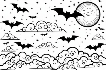 Coloring book illustration of a spooky night scene with a moon clouds and bats