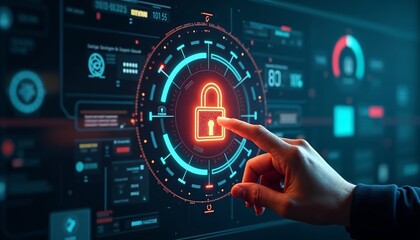 Futuristic Digital Interface with Glowing Red Lock Icon Representing Cybersecurity and Data Protection Concepts