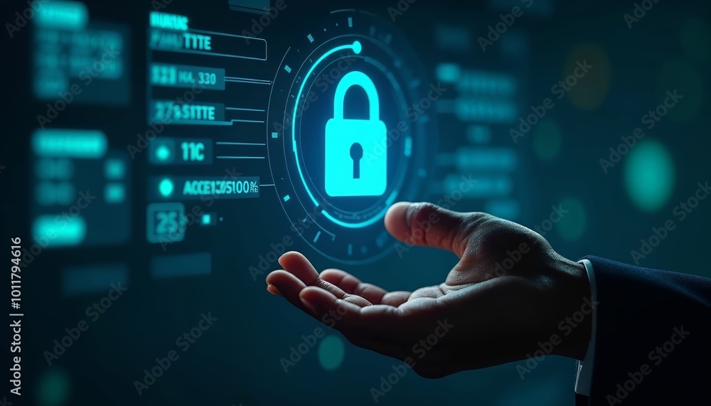 Poster hand holding digital lock icon over dark background with security elements for cybersecurity themes