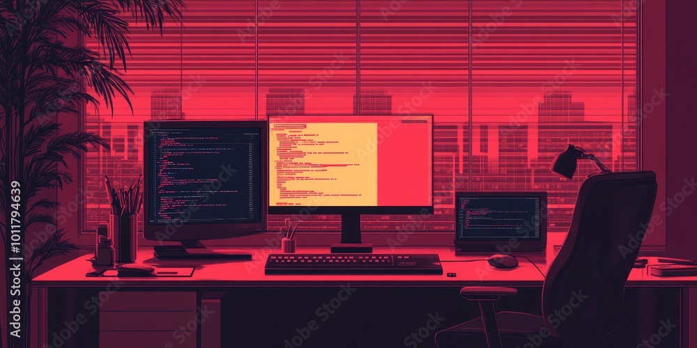 Poster Cross-Platform Development Tools: Illustrate a workspace featuring popular cross-platform development tools (like Flutter, React Native, and Xamarin) on computer screens,
