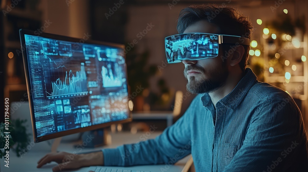 Poster a person in a modern office uses ar glasses to interact with holographic data and 3d models at their