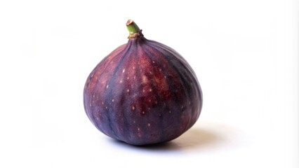 A single ripe purple fig with a green stem, isolated on a white background.
