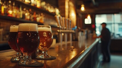 A lineup of craft beers in unique and stylish glassware, including amber ales and stouts, served on a bar counter in a quaint, cozy pub with simple decor.