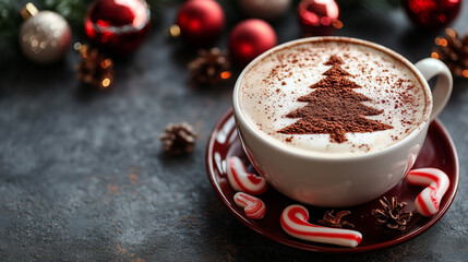 Cappuccino cup with cinnamon sprinkled in the shape of a Christmas tree on the foam, surrounded by...