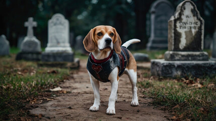 Dog in Zombie Costume Walking Through Graveyard