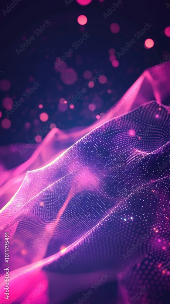 Poster a mesmerizing abstract background with flowing layers of vibrant purple fabric and sparkling lights,