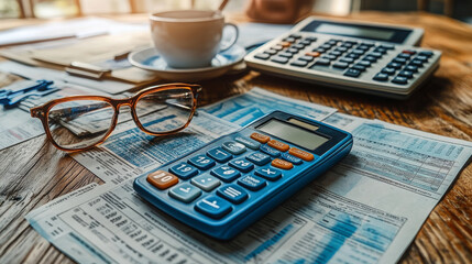 Calculators and ledgers on a wooden desk with a coffee cup and glasses in a busy office environment