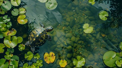 A turtle is swimming in a pond with lily pads