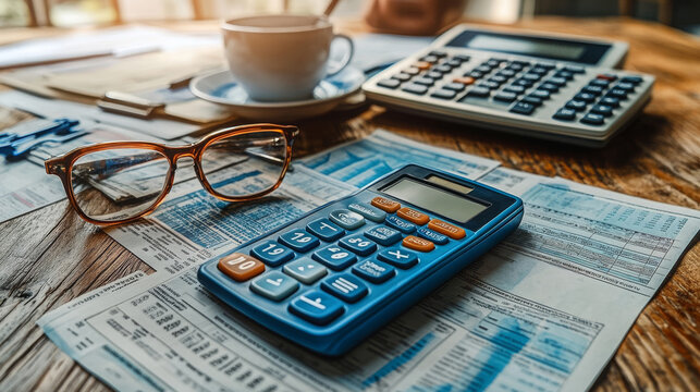 Calculators and ledgers on a wooden desk with a coffee cup and glasses in a busy office environment