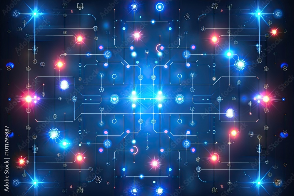 Poster colorful abstract technology background with bright lights and digital patterns, ideal for innovatio