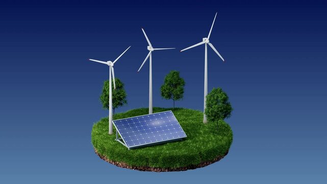 3d rendering of wind turbine farm along side solar panels. Wind farm in green field. With Isolate matte / Alpha. Renewable clean green energy.
