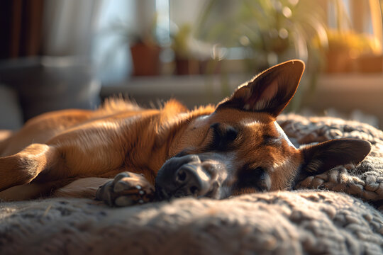Belgian Malinois dog sleeping in a cozy spot at home