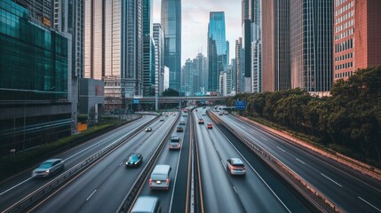 Fototapeta premium Busy Urban Highway with Skyscrapers in Background