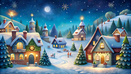 Charming winter village scene with snowy houses and festive decorations under the night sky
