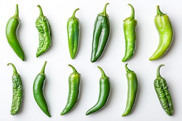 On a white backdrop, green chilies, chillies, pepper, fruits, and vegetables. Generative Ai