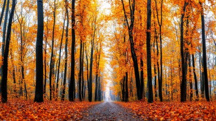 Obraz premium A crisp autumn morning in a forest, where the trees are covered in vibrant orange and yellow leaves, and the air is cool and refreshing