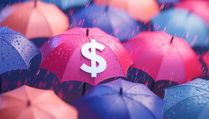 Colorful umbrellas with a dollar symbol showcasing protection and financial concepts amidst rain.