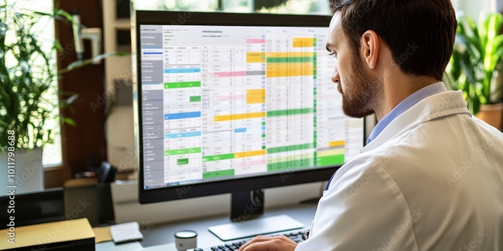 Poster Scheduling Appointments: Create an image of a receptionist inputting patient information into a scheduling system on a computer, emphasizing efficiency in managing appoin