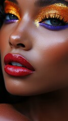Stunning South African woman showcasing vibrant fashion makeup and flawless skin during a close-up catwalk moment