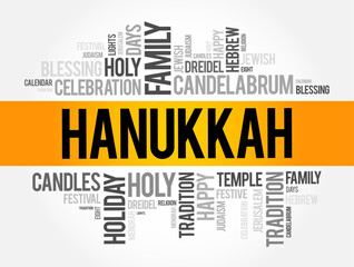 Hanukkah - Jewish festival commemorating the recovery of Jerusalem and subsequent rededication of the Second Temple, word cloud concept background
