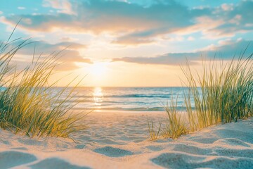 Golden Hour Beach Grass by the Sea. AI generated illustration