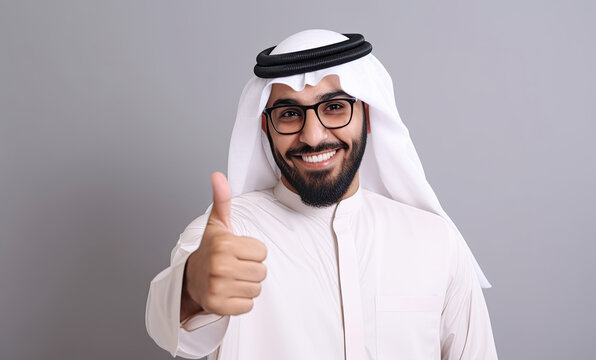 Arabian young man displays thumbs up