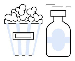 Popcorn bucket adjacent to a drink bottle. Ideal for movie nights, snacks, beverage promotions, entertainment, and casual dining. Clean lines and minimal design suggest simplicity and modern