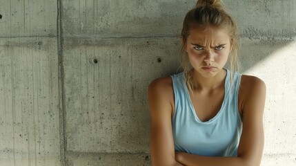 Portrait of a young woman with an angry expression standing against a concrete wall