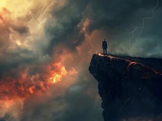 Fototapeta premium Lone Figure Stands Witness to the Apocalyptic Destruction of the World