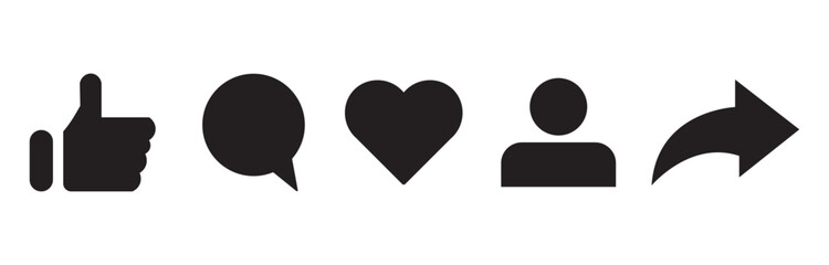 Social media icons thumb up and heart icon with repost and comment. Flat signs icons on white background. eps10