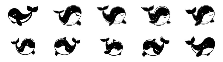 Set Whale Silhouette Vector Art Illustration for Ocean-themed Designs.
