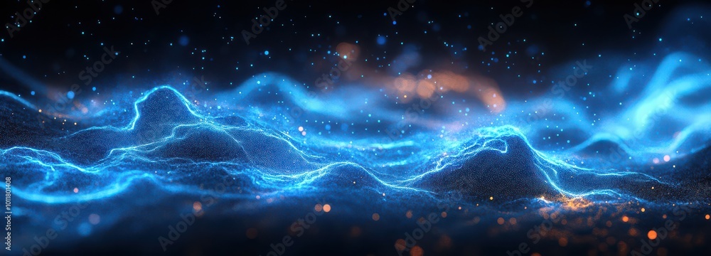 Poster abstract background with blue glowing light waves on a dark backdrop creating a futuristic and dynam