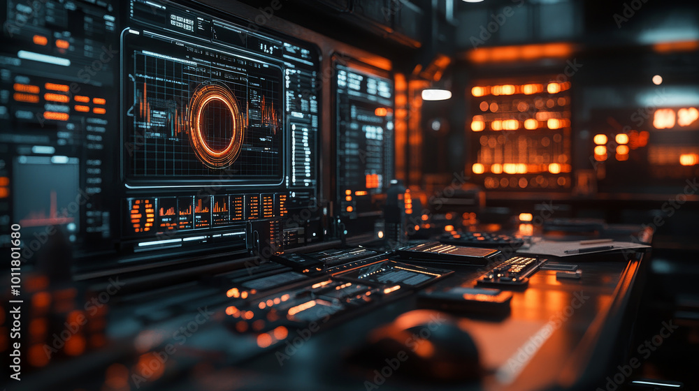 Poster futuristic control panel displaying stock charts and graphs in a dimly lit environment