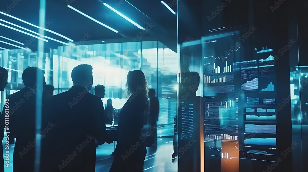 Aufkleber silhouettes of businesspeople discussing in front of a large digital display showcasing graphs and c