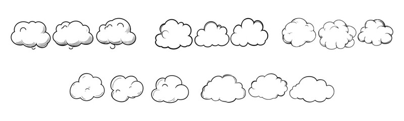 Clouds. Clouds collection in line design. Cloud vector icons, isolated. Cloud weather signs. Panorama view. Cloud in a row. Vector illustration
