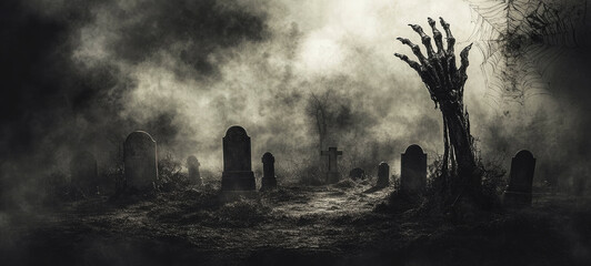 A dark, A dark graveyard at midnight, with crooked tombstones and fog creeping over the ground halloween theme design. copy space,