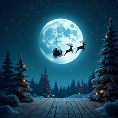 Fototapeta premium Santa Claus Sleigh Silhouette Flying Across Full Moon on Christmas Eve