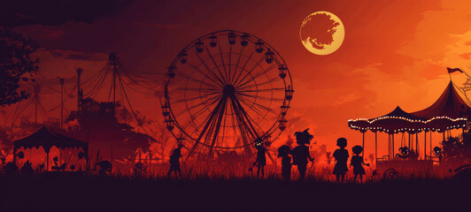 copy space. A Halloween-themed carnival at twilight, with eerie, glowing rides like a haunted background. 