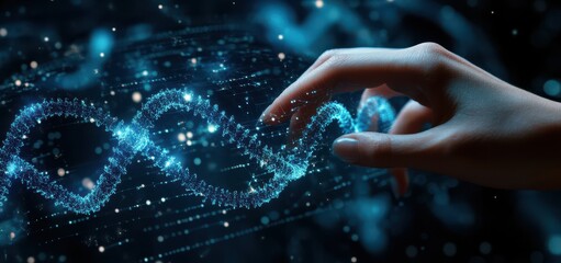 Futuristic technology concept with hand interacting with digital DNA strand in a virtual space