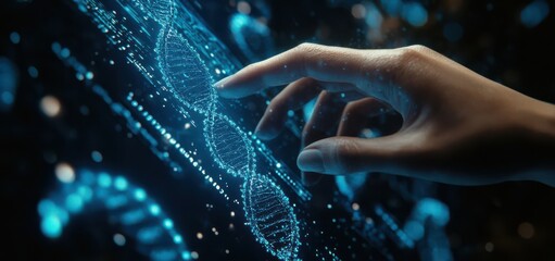 Futuristic technology concept with hand interacting with digital DNA strand representation in a medical science context