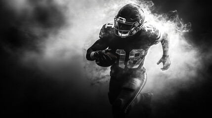 silhouette of American football player running with smoke effect .